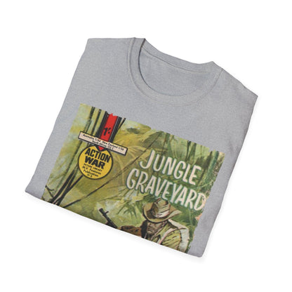 Close-up of the unisex softstyle T-shirt's neckline revealing the relaxed fit and smooth black fabric with subtle stitching