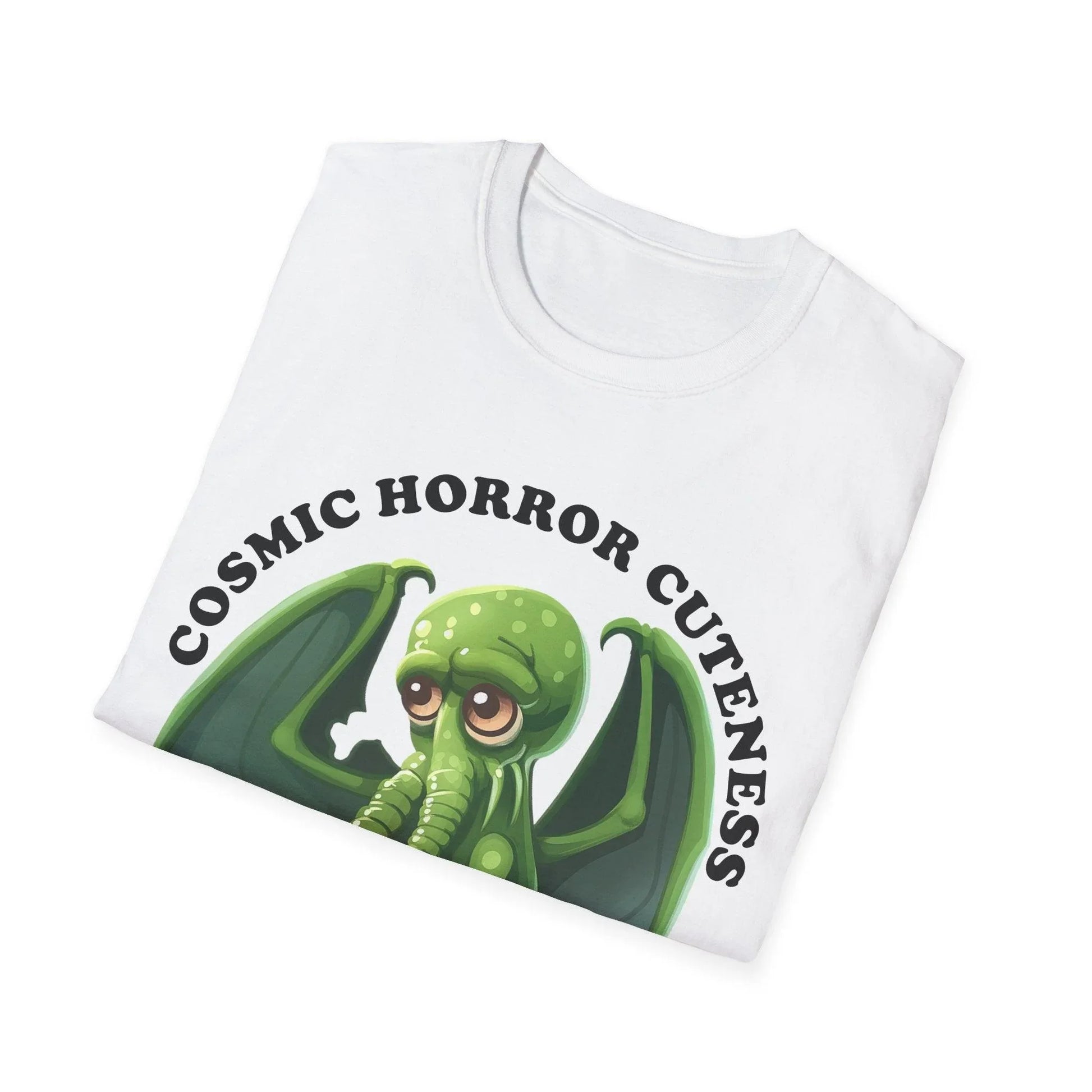 Close-up of the cosmic horror illustration on the chest, highlighting intricate linework and vibrant teal accents on the