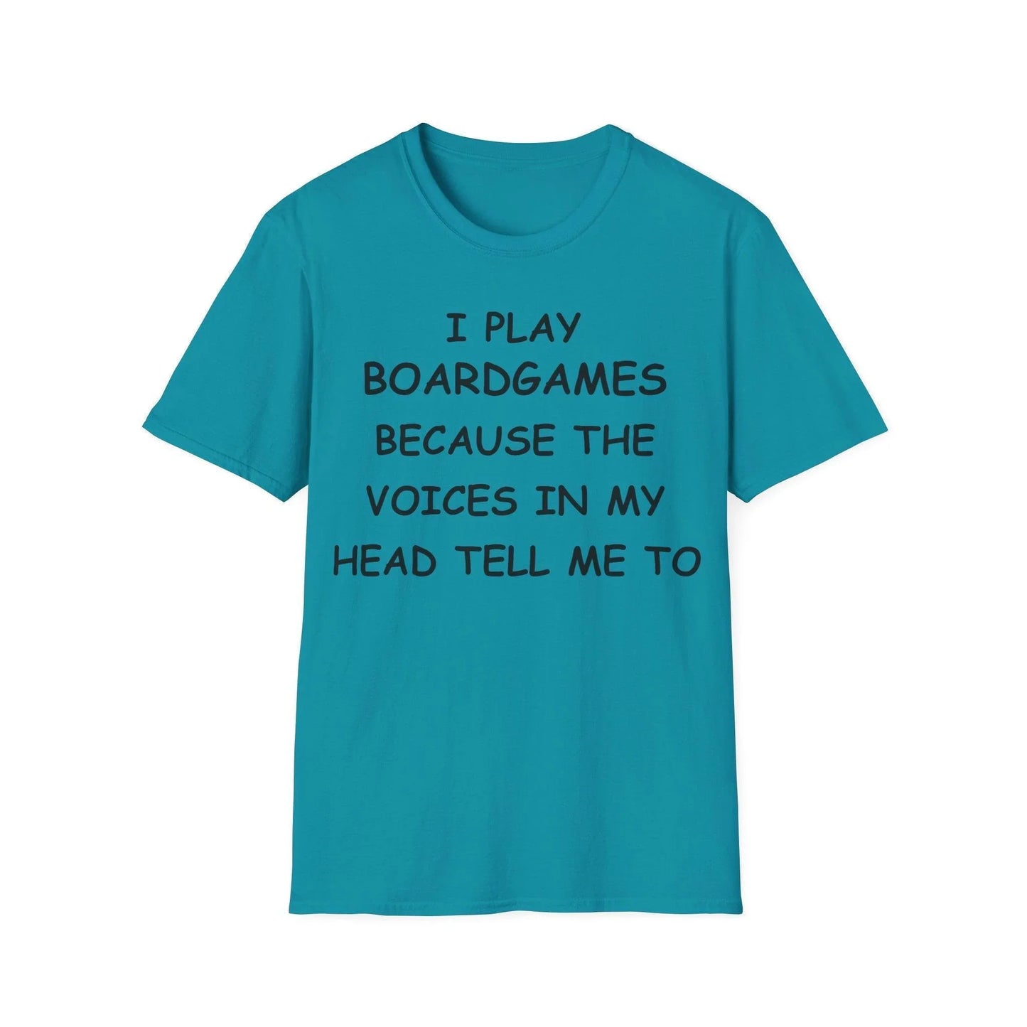 Close-up of the Black I Play Boardgames T-shirt displaying the soft crew neckline and smooth fabric texture from a front