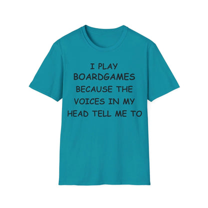 Close-up of the Black I Play Boardgames T-shirt displaying the soft crew neckline and smooth fabric texture from a front