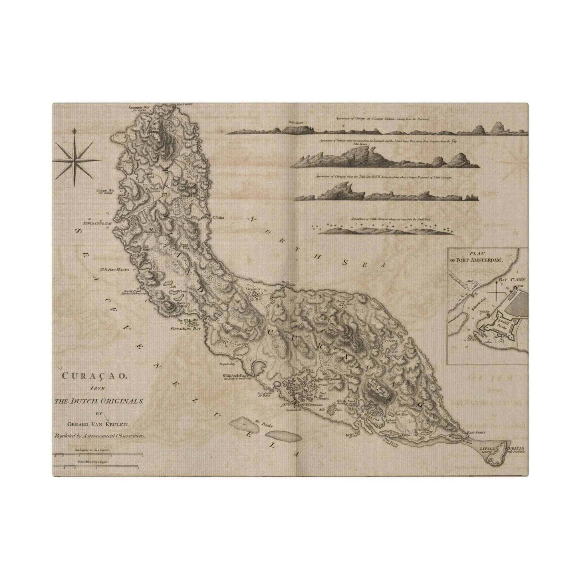Close-up of the canvas texture highlighting fine brushstrokes and detailed coloration of the Curacao map from Gerard Van
