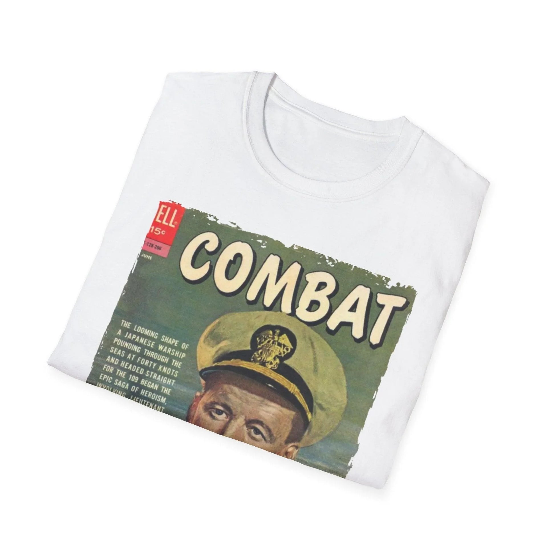 Close-up of the soft fabric texture and subtle color details of the Combat June 1962 unisex T-shirt from a slightly elevated