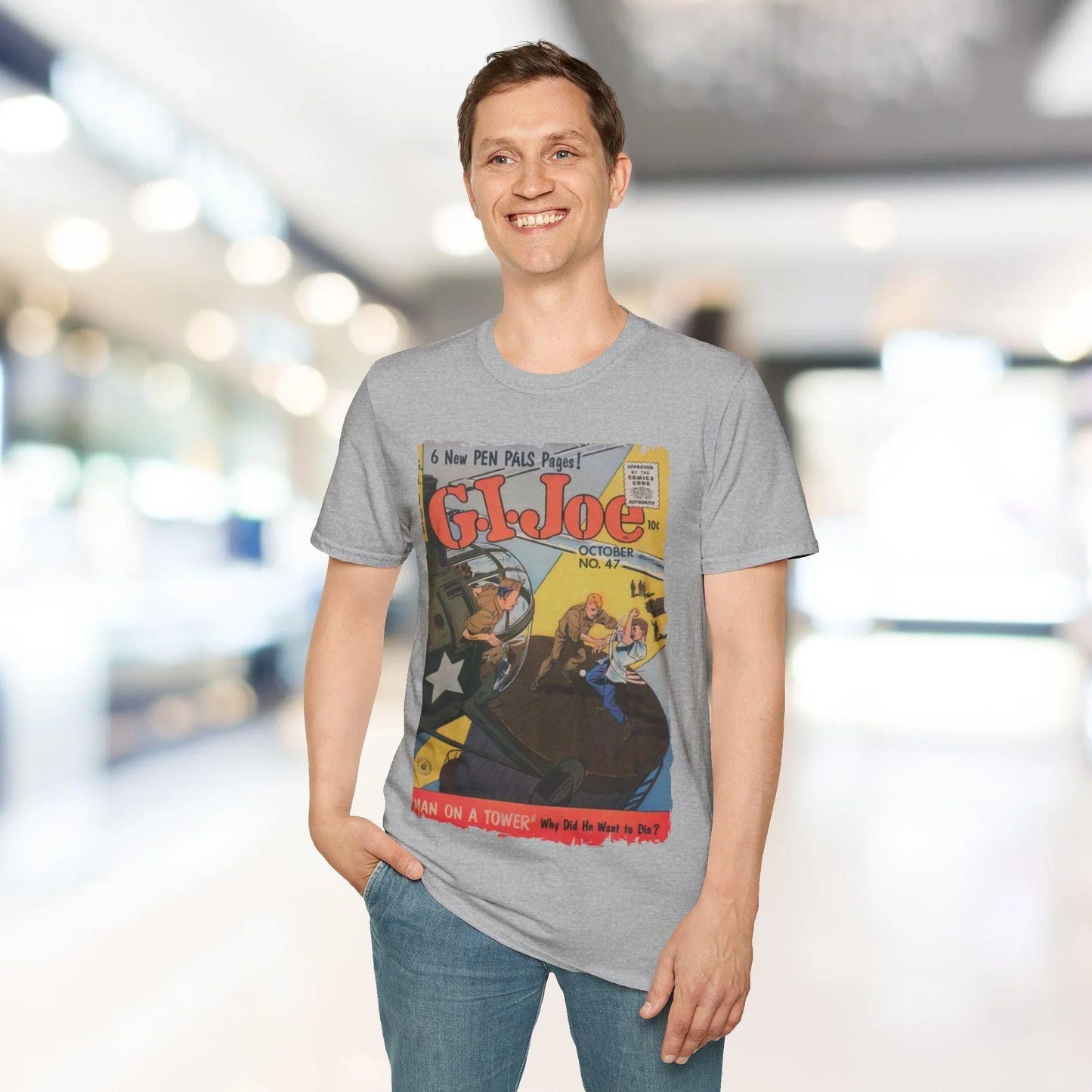 Close-up of the G.I. Joe No.47 unisex softstyle T-shirt's neckband stitching and smooth fabric texture in dark navy color.