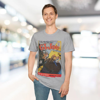 Close-up of the G.I. Joe No.47 unisex softstyle T-shirt's neckband stitching and smooth fabric texture in dark navy color.