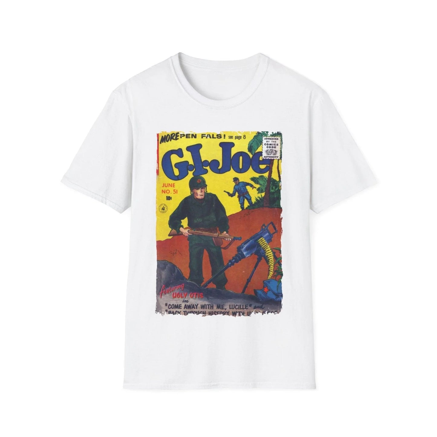 Close-up of the G.I. Joe No.51 softstyle T-shirt neckline featuring reinforced stitching and a black fabric tag on a relaxed