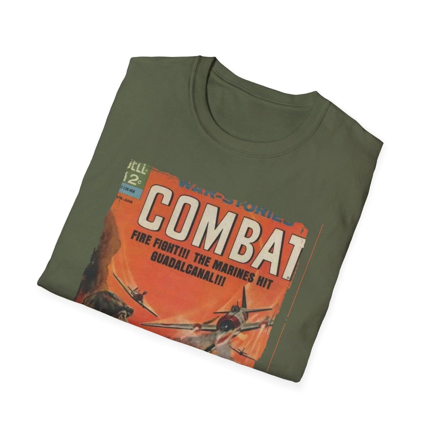 Close-up of the Combat April 1964 unisex softstyle T-shirt's comfortable crew neckline and smooth fabric texture from a