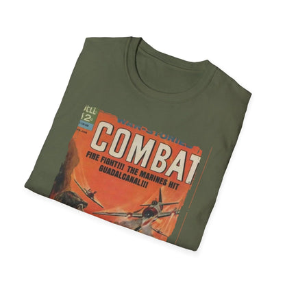 Close-up of the Combat April 1964 unisex softstyle T-shirt's comfortable crew neckline and smooth fabric texture from a