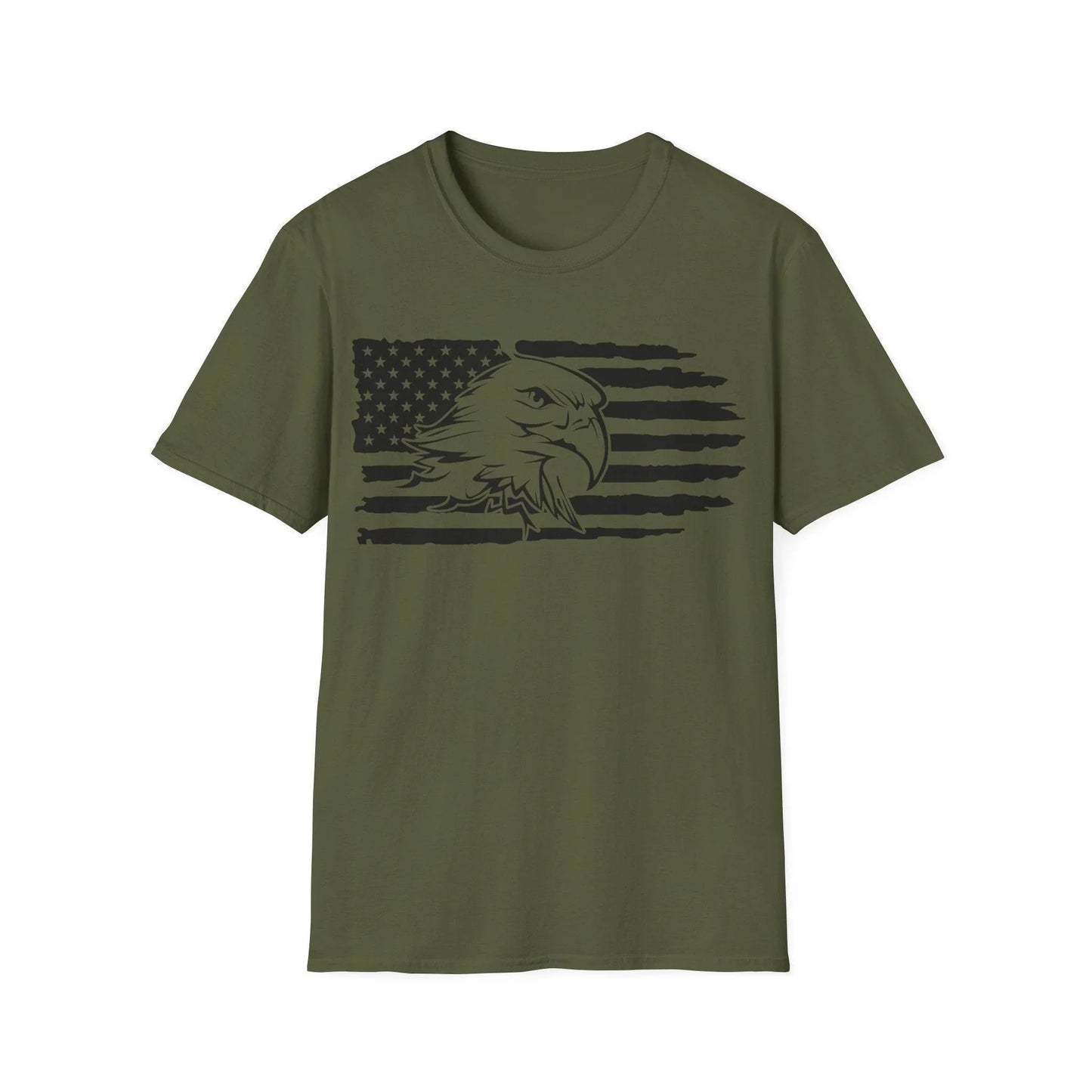 Close-up of the distressed black-and-white American flag eagle graphic on the chest of the relaxed-fit unisex T-shirt with