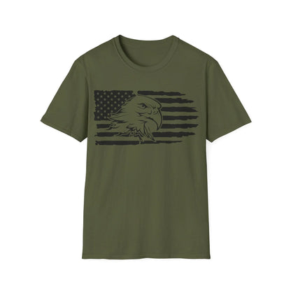 Close-up of the distressed black-and-white American flag eagle graphic on the chest of the relaxed-fit unisex T-shirt with