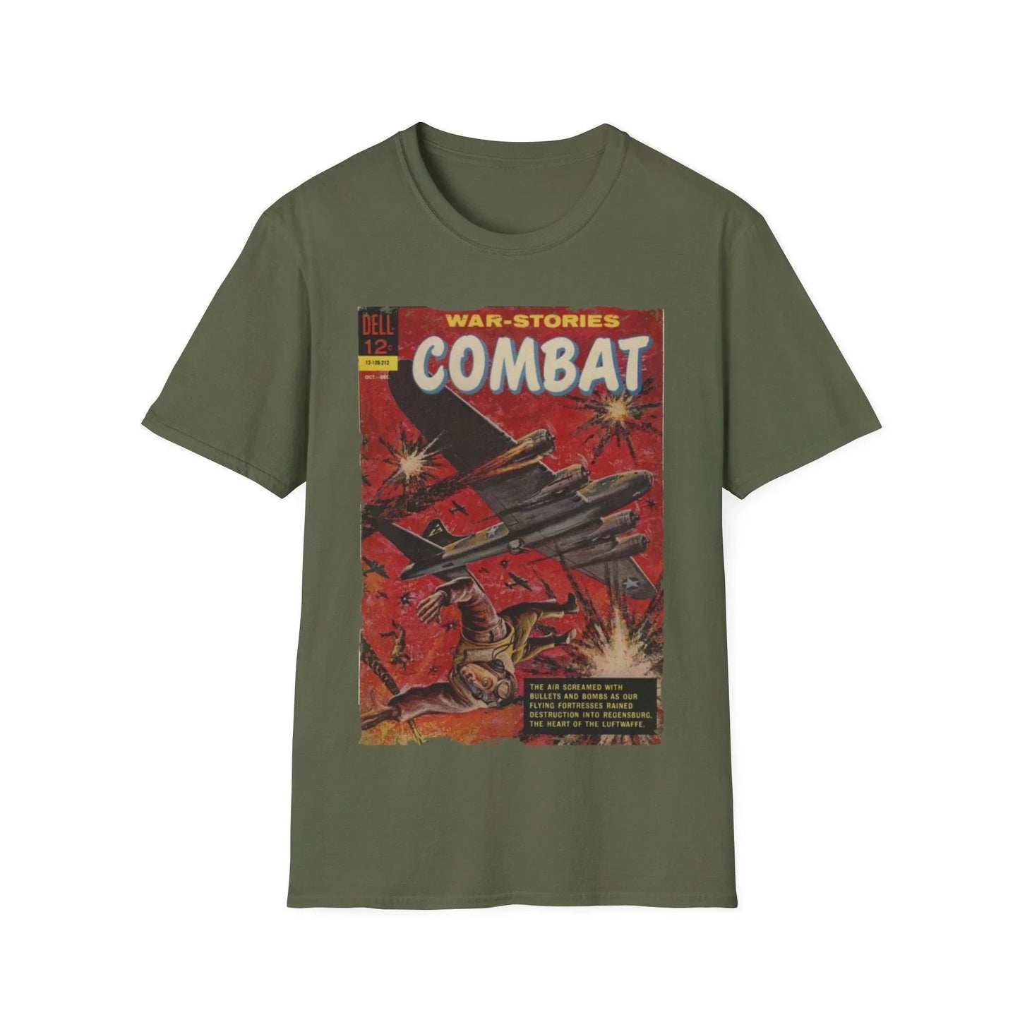 Close-up of the Combat Dec 1962 T-Shirt’s black fabric showing smooth softstyle knit and subtle stitching along the crew