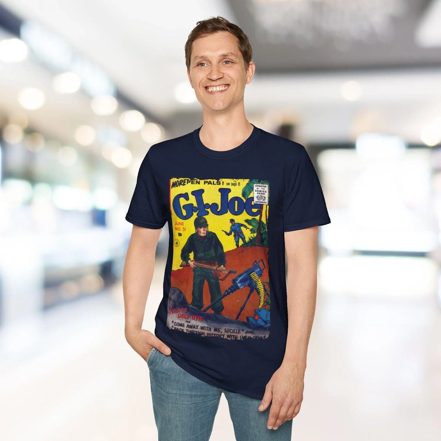 Close-up of the G.I. Joe No.51 softstyle T-shirt’s vibrant navy fabric revealing subtle heather texture and reinforced