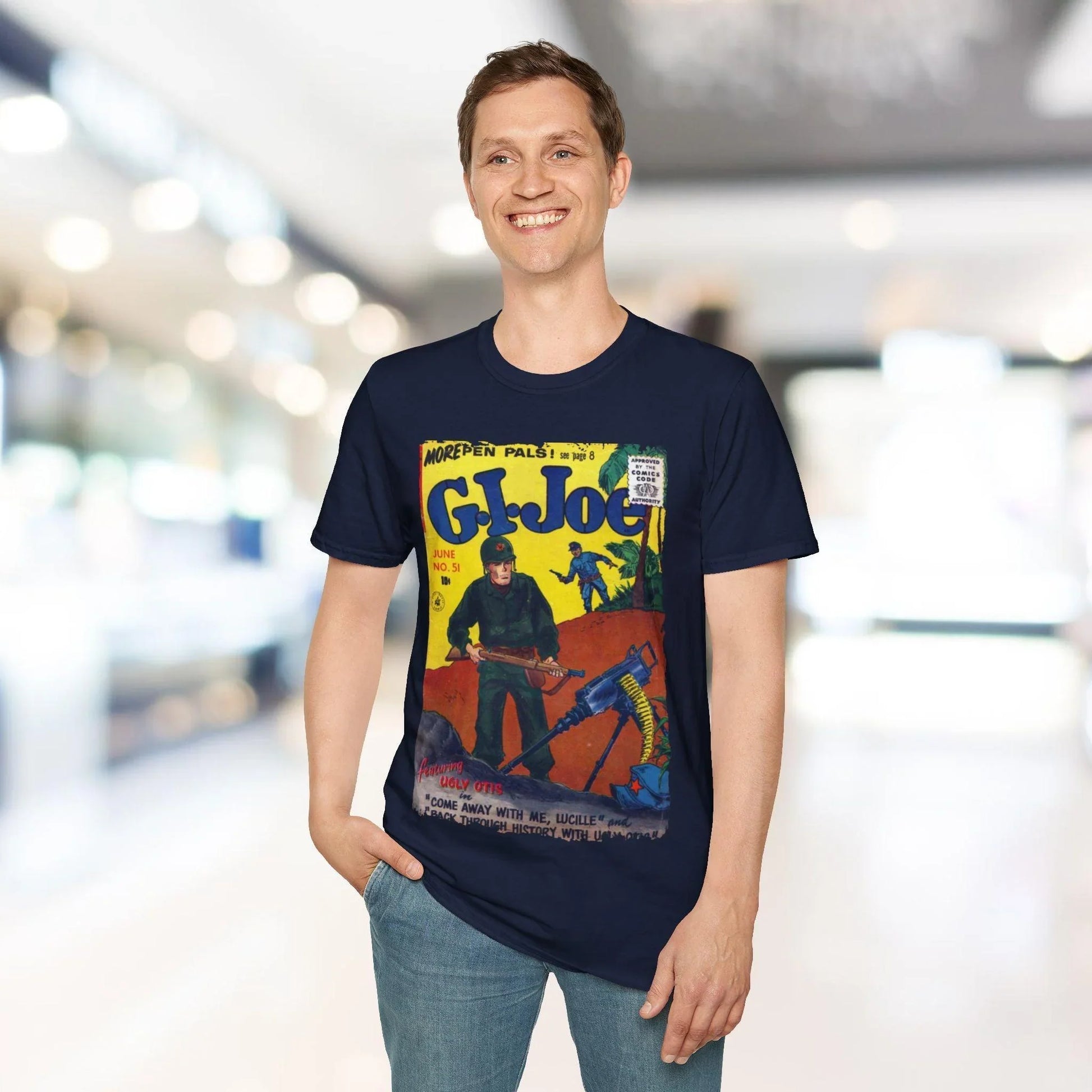 Close-up of the G.I. Joe No.51 softstyle T-shirt’s vibrant navy fabric revealing subtle heather texture and reinforced