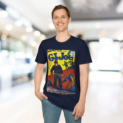 Close-up of the G.I. Joe No.51 softstyle T-shirt’s vibrant navy fabric revealing subtle heather texture and reinforced