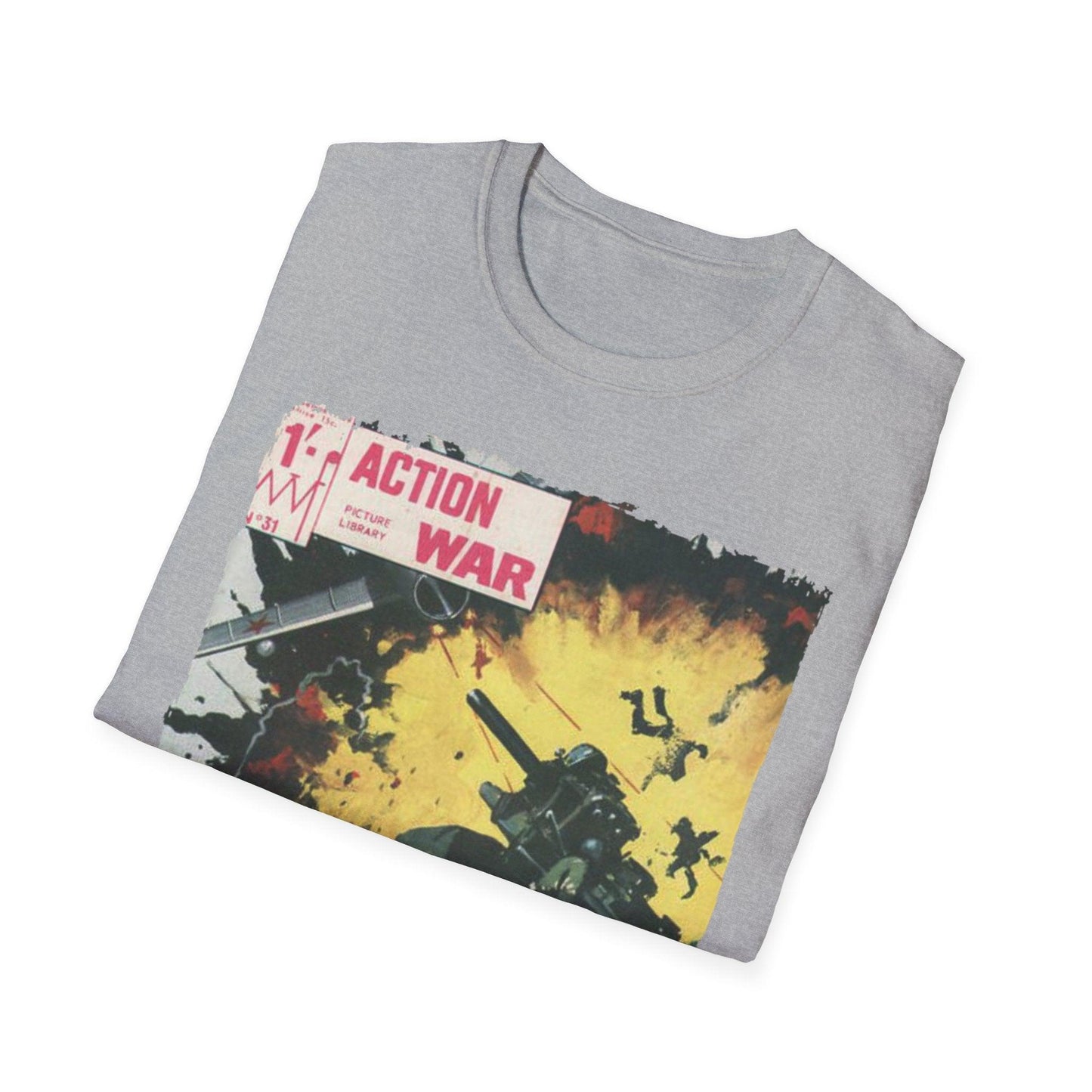 Close-up of the unisex softstyle T-shirt’s neckline showing smooth stitching and relaxed fit, in dark navy color with subtle