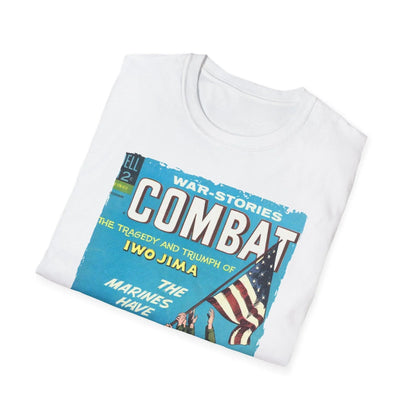 Close-up of the Combat Dec 1966 T-shirt's navy heather fabric texture and reinforced double-stitched neckline from a