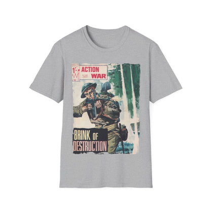 Close-up of the unisex softstyle T-shirt's reinforced neckline stitching in teal color, showcasing durable construction and