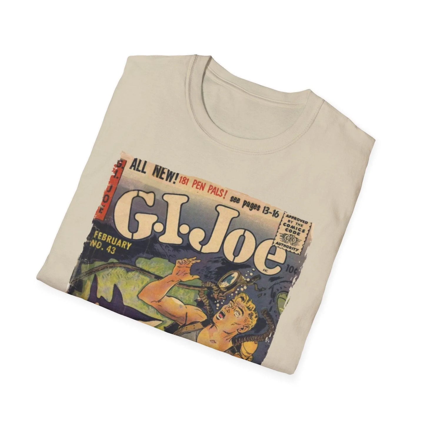 Close-up of G.I. Joe No.43 unisex softstyle T-shirt label on neckband featuring cotton blend fabric and relaxed fit in olive