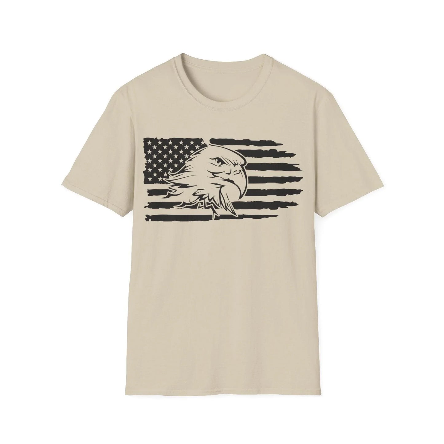 Close-up of distressed fabric texture and black-and-white American flag design on unisex softstyle T-shirt's front neckline