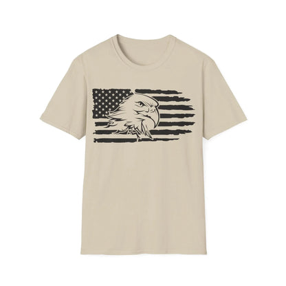 Close-up of distressed fabric texture and black-and-white American flag design on unisex softstyle T-shirt's front neckline