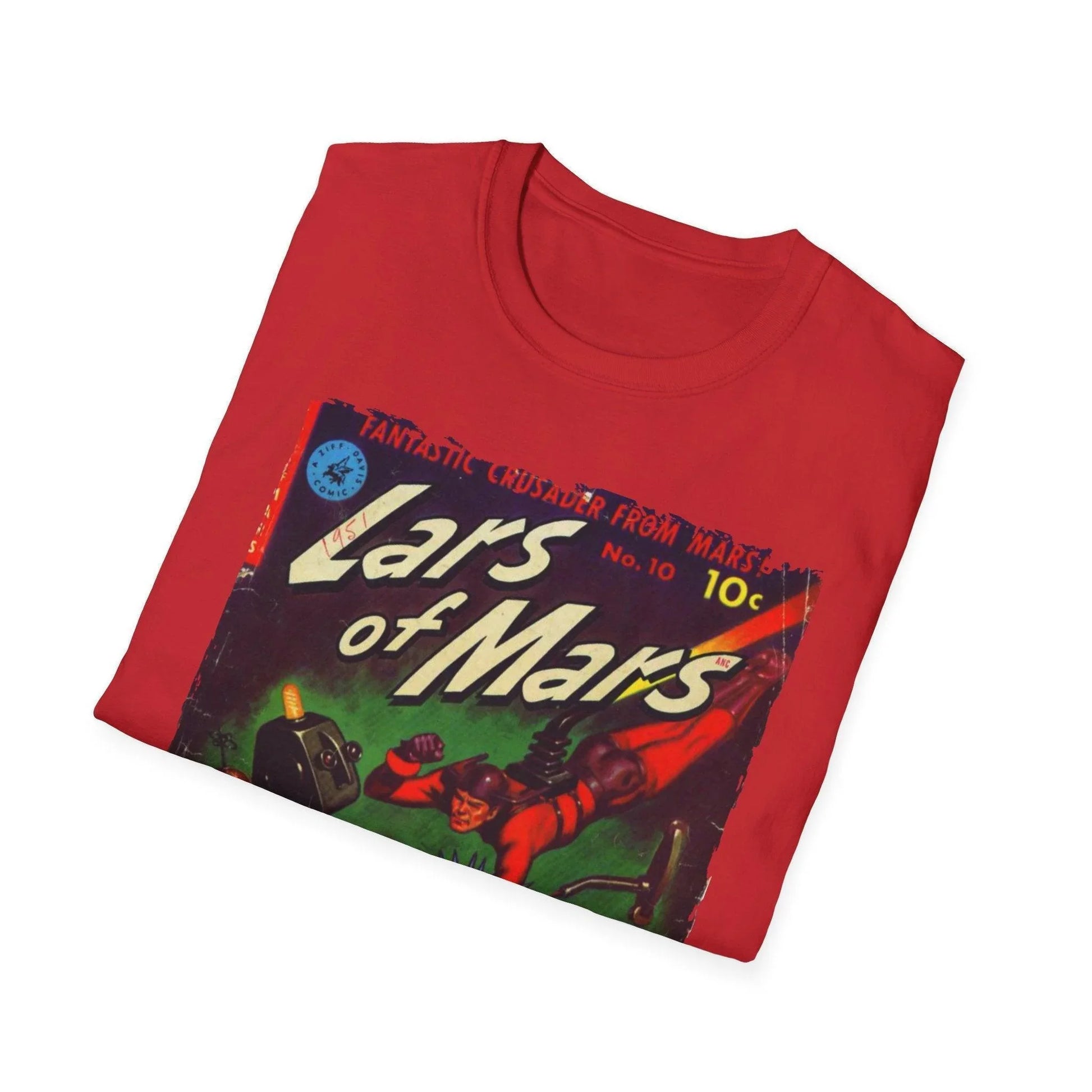 Close-up of the Lars of Mars 10 T-shirt's soft cotton fabric showing subtle texture and stitched collar detail from a front