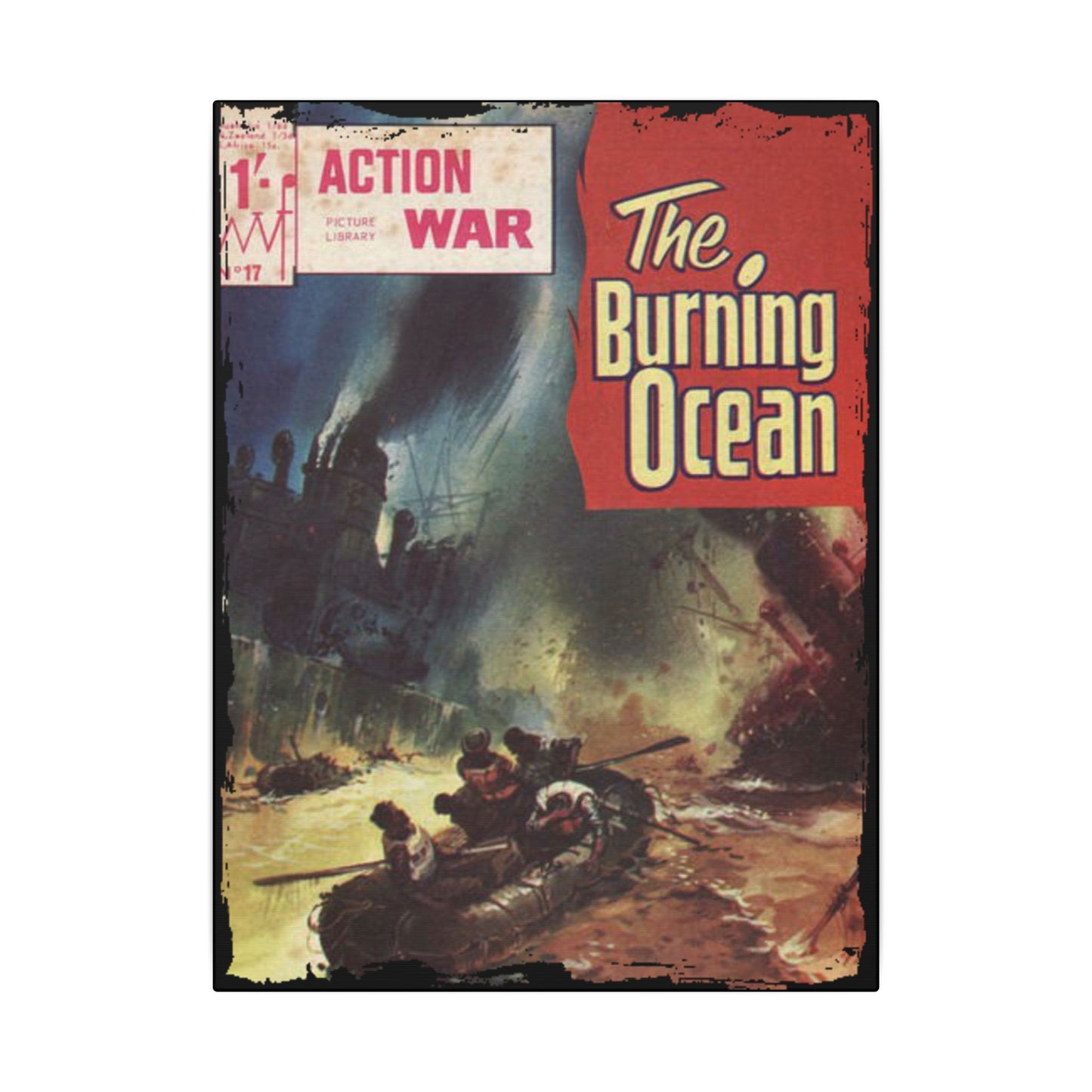 Close-up of the action scene detail featuring vibrant red and blue comic book ink lines on textured canvas surface.