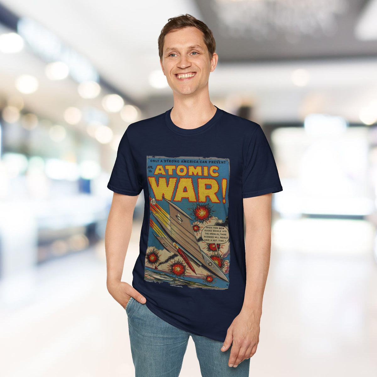 Close-up of the Atomic War! No 4 T-Shirt's navy fabric showing soft cotton texture and subtle seams at the neckline from a