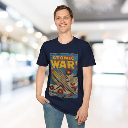 Close-up of the Atomic War! No 4 T-Shirt's navy fabric showing soft cotton texture and subtle seams at the neckline from a