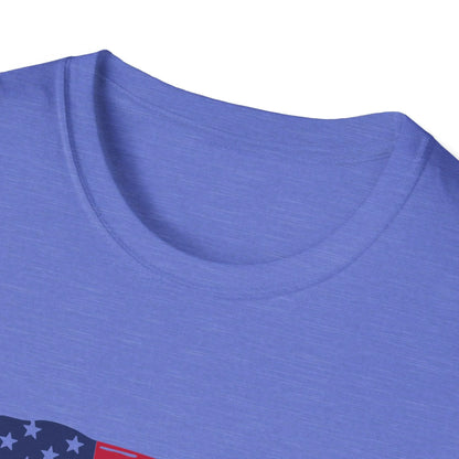 Close-up of distressed flag heartbeat print on front chest, showing textured graphic details and vibrant color contrast.