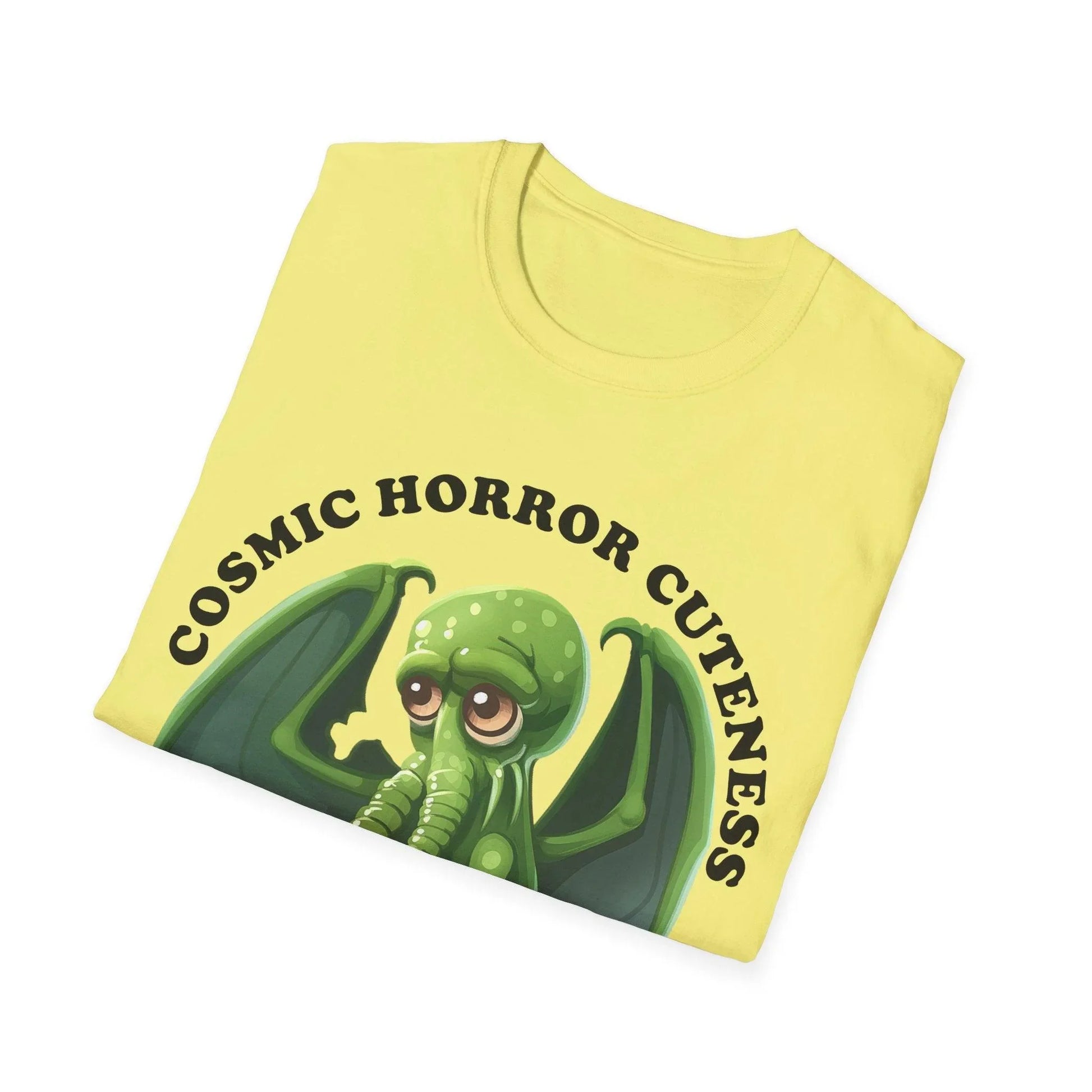 Close-up of the Cosmic Horror Cuteness T-Shirt's soft fabric texture, displaying the intricate printed design on the front