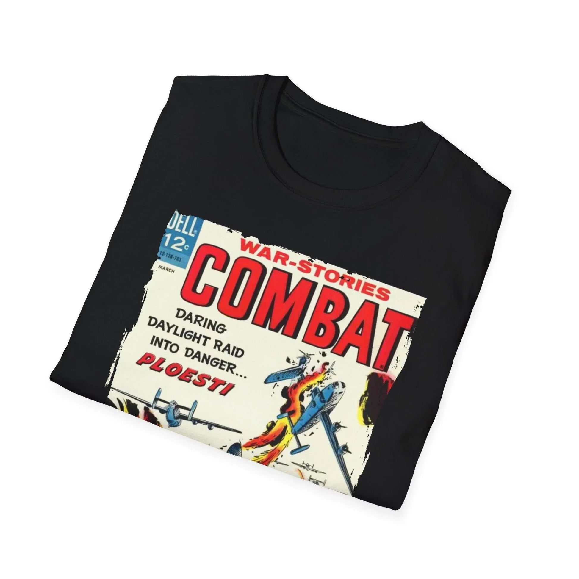 Close-up of the Combat March 1967 T-shirt's vibrant front graphic, showcasing detailed distressed print on soft cotton