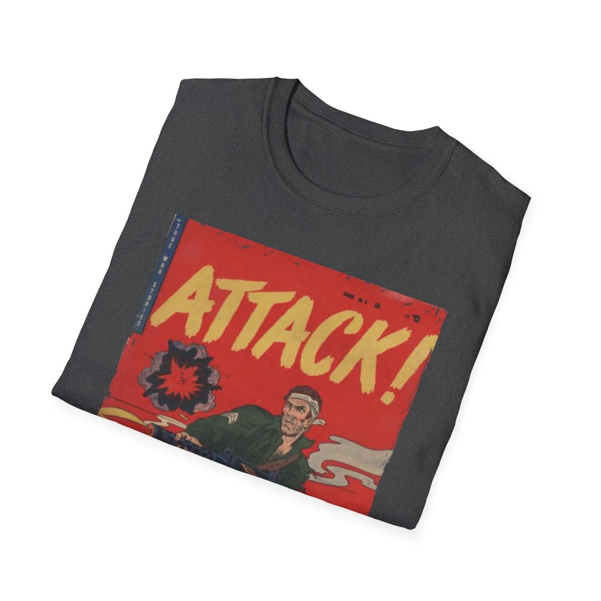 Close-up of the Attack! No. 6 unisex softstyle T-shirt’s flat-knit crew neckline and smooth fabric texture in deep charcoal
