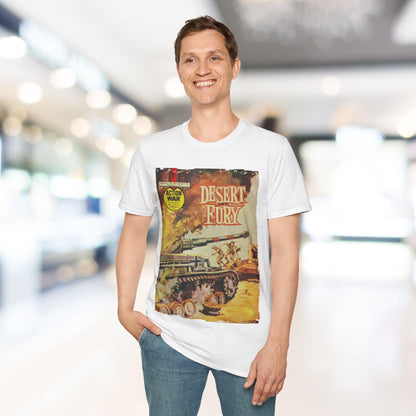 Close-up of the unisex softstyle T-shirt's relaxed fit neckline and heather navy color, highlighting the smooth fabric