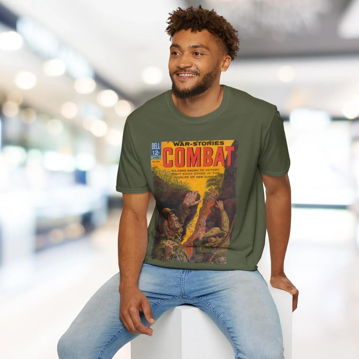 Close-up of the Combat June 1963 T-shirt’s collar showcasing soft fabric texture and reinforced stitching at the crew