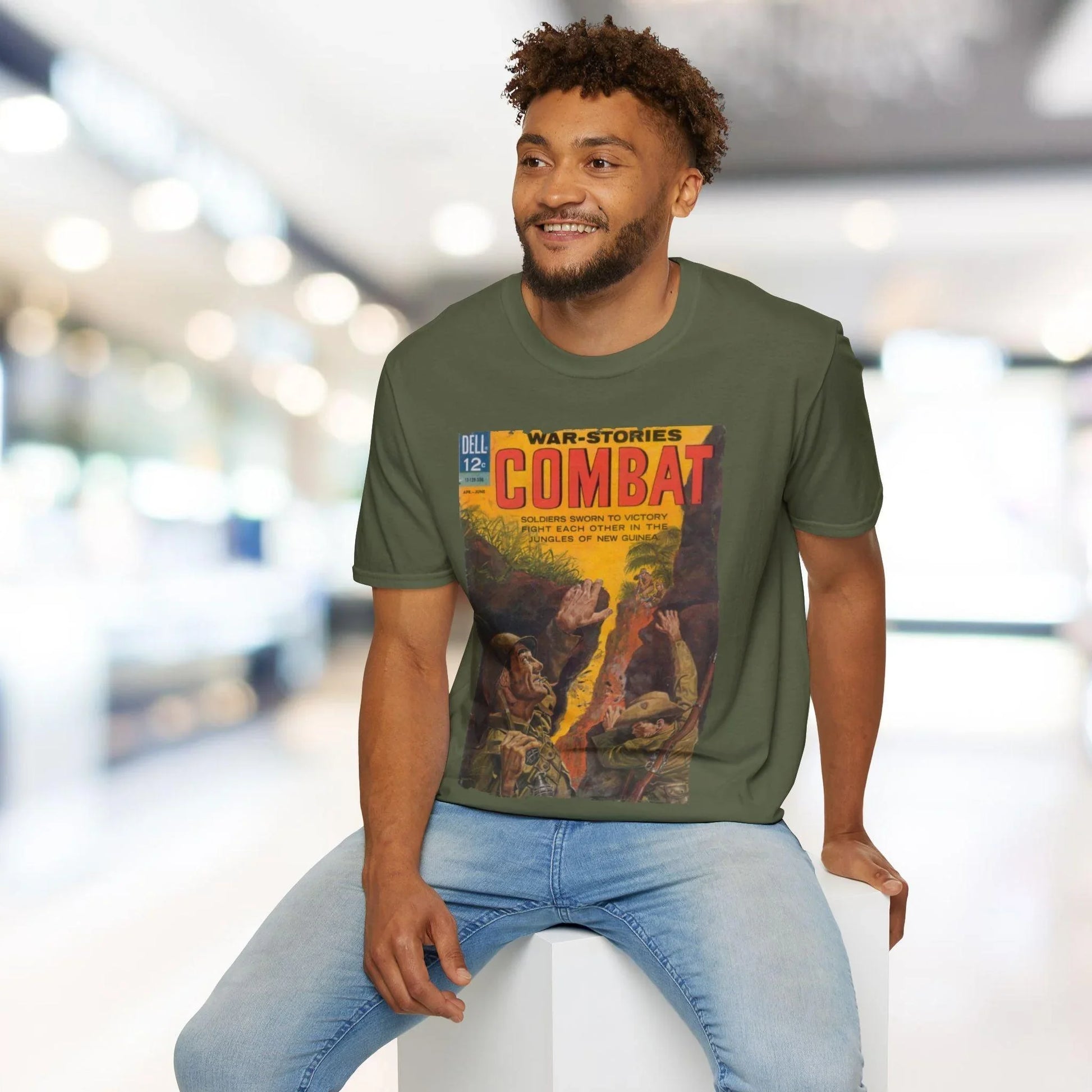 Close-up of the Combat June 1963 T-shirt’s collar showcasing soft fabric texture and reinforced stitching at the crew