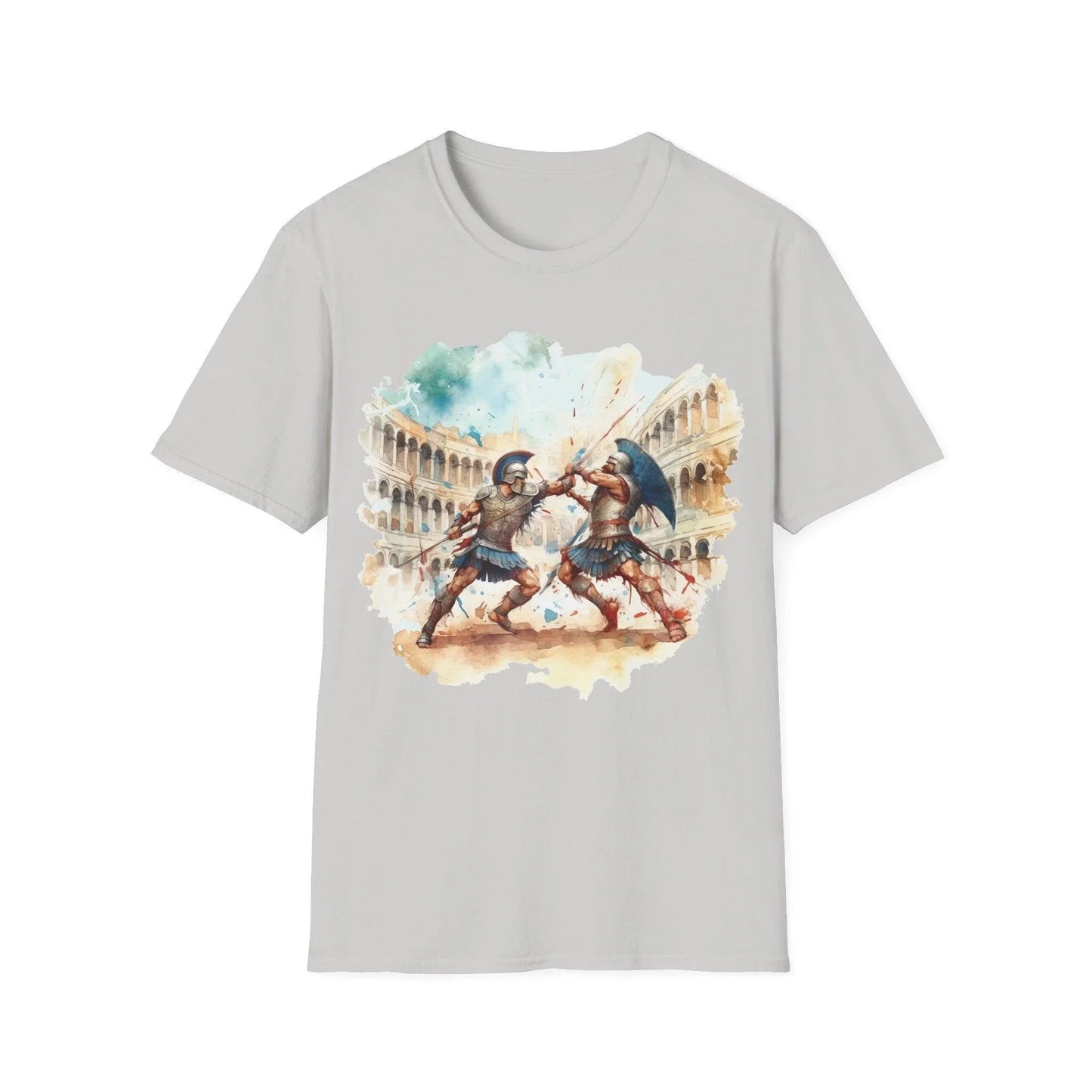 Close-up of the Ancient Gladiators T-shirt’s woven fabric texture and vibrant red color from the neckline angle