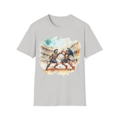 Close-up of the Ancient Gladiators T-shirt’s woven fabric texture and vibrant red color from the neckline angle