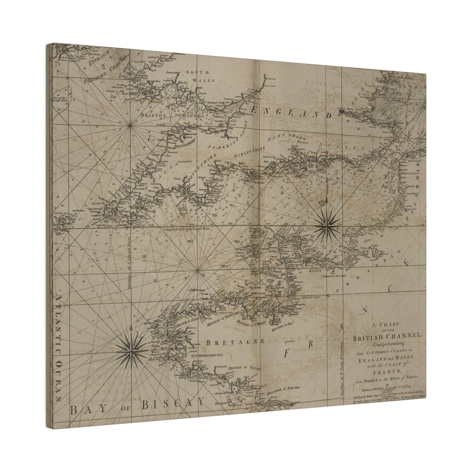 Detailed view of the British Channel map's intricate coastline and watercolor texture, highlighting vintage-inspired style