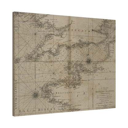 Detailed view of the British Channel map's intricate coastline and watercolor texture, highlighting vintage-inspired style