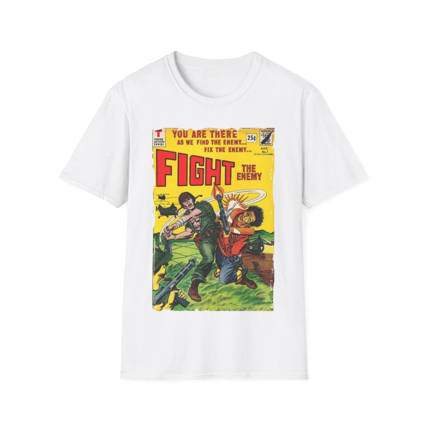 Close-up of the unisex softstyle T-shirt’s crew neckline and subtle stitching detail in vibrant black color, showcasing