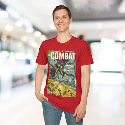 Close-up of the Combat March 1965 unisex softstyle T-shirt fabric showing smooth texture and vibrant olive-green color from