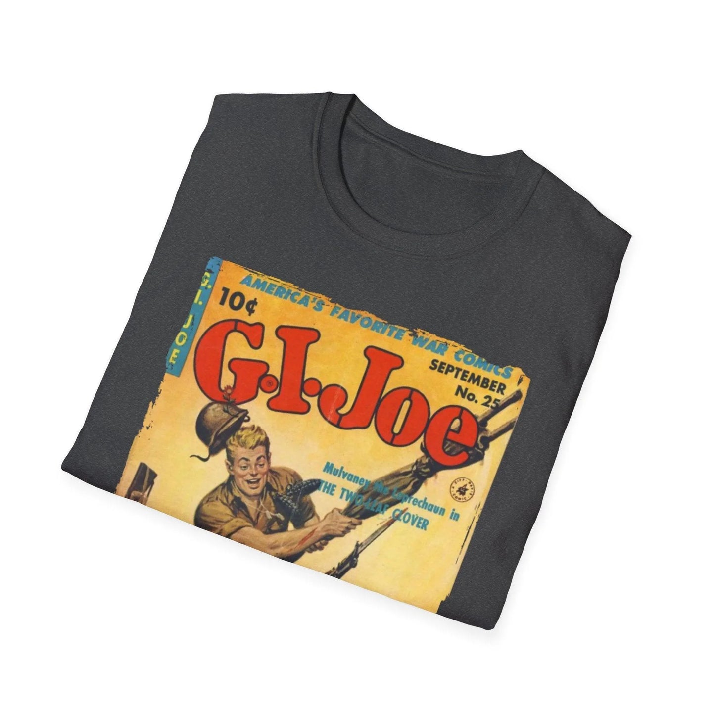Close-up of the G.I. Joe No.25 softstyle T-shirt fabric showing the heathered navy color and slim fit neckline from a