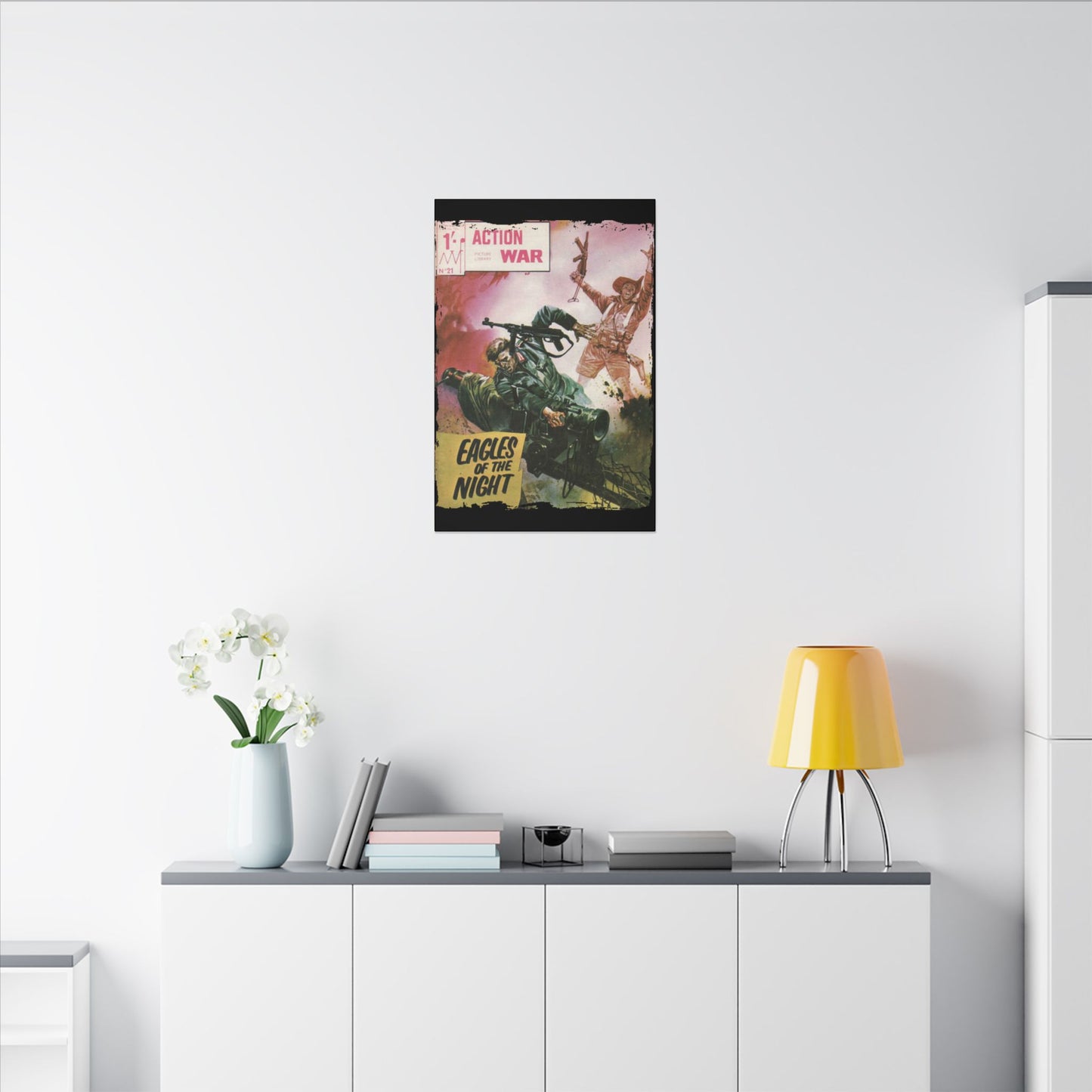 Close-up of the vibrant comic book cover artwork revealing detailed line work and bold color shading on Action War #21