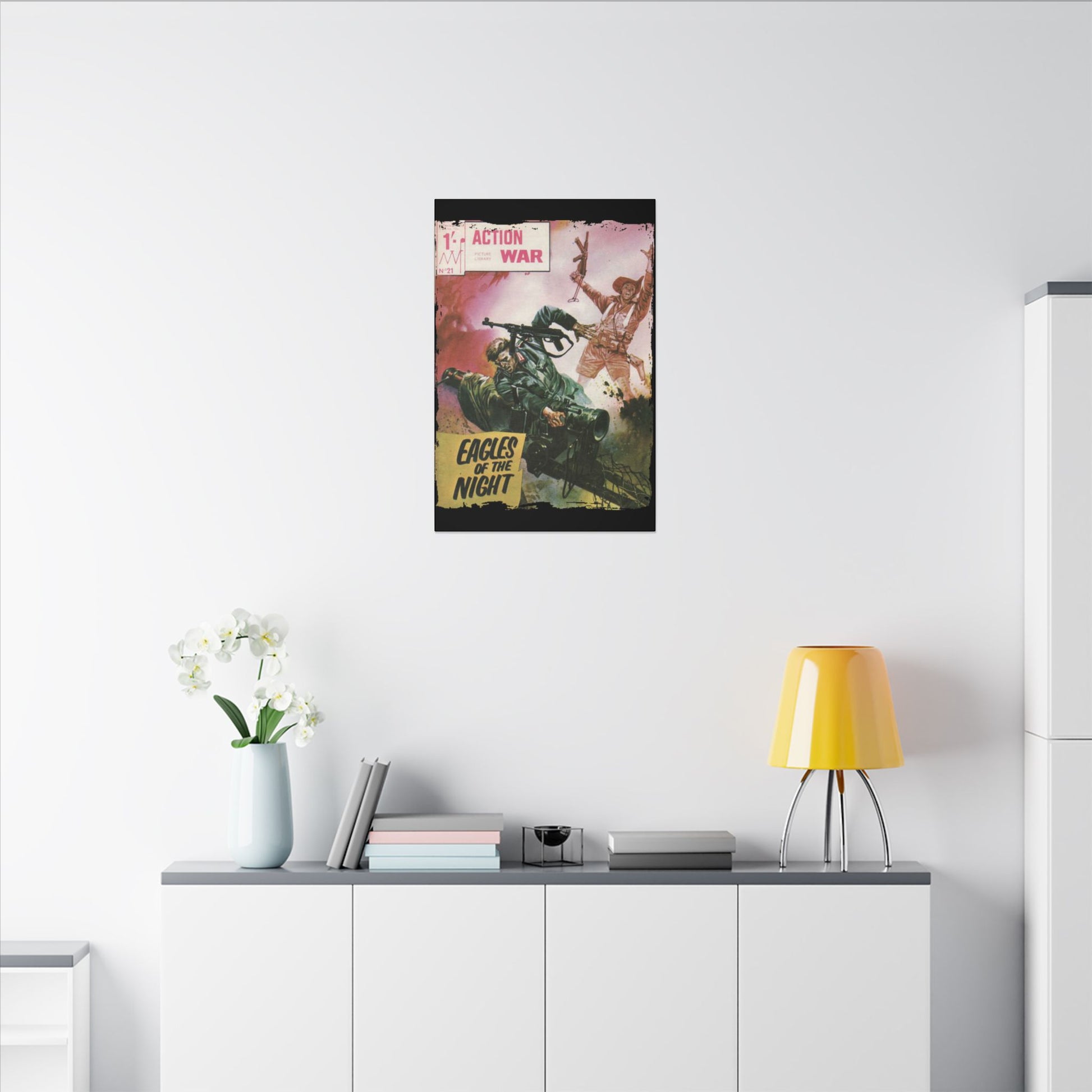 Close-up of the vibrant comic book cover artwork revealing detailed line work and bold color shading on Action War #21