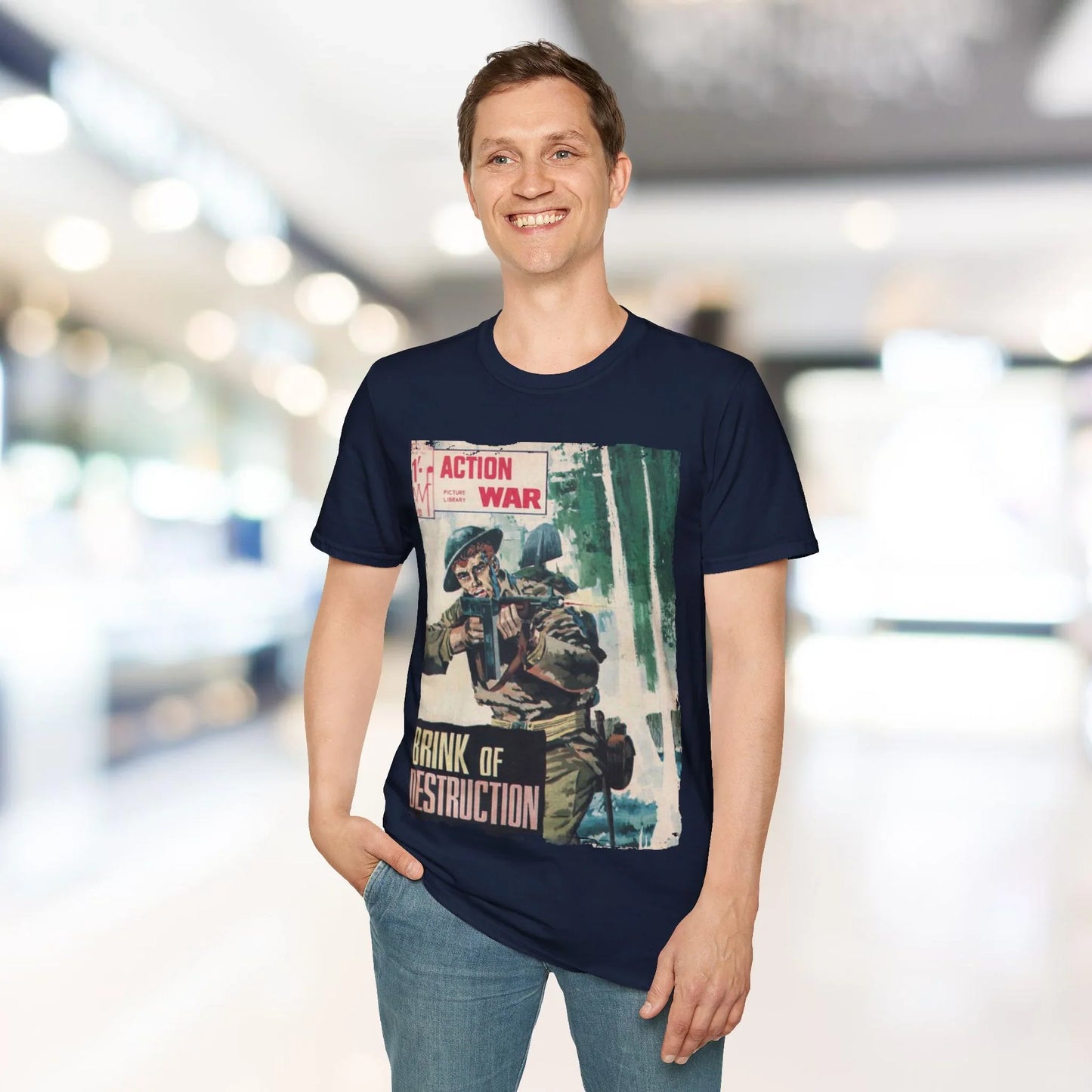 Close-up of the unisex softstyle T-shirt collar highlighting the crew neckline and smooth fabric texture in vibrant black