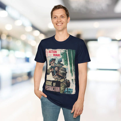 Close-up of the unisex softstyle T-shirt collar highlighting the crew neckline and smooth fabric texture in vibrant black