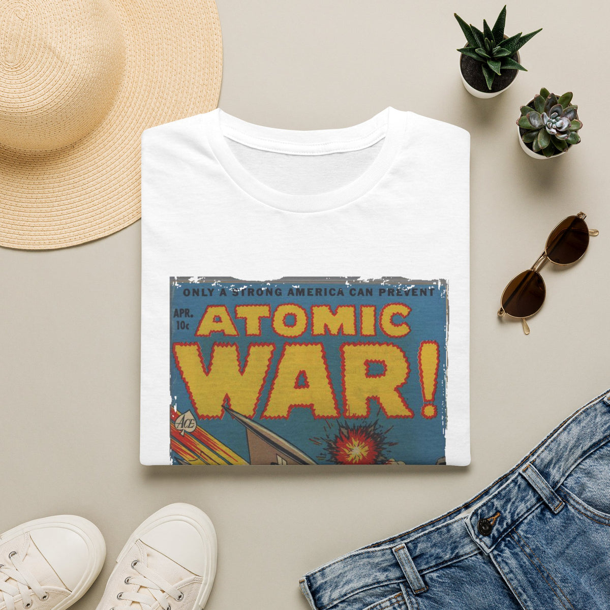 Close-up of the Atomic War! No 4 T-shirt's vibrant graphic print on the chest with visible matte ink detail on soft black