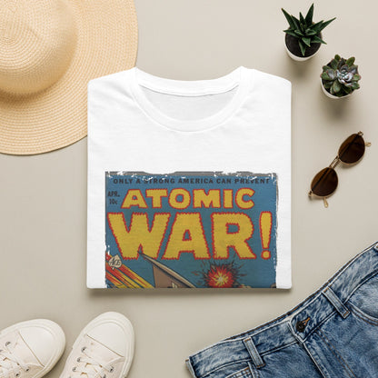 Close-up of the Atomic War! No 4 T-shirt's vibrant graphic print on the chest with visible matte ink detail on soft black