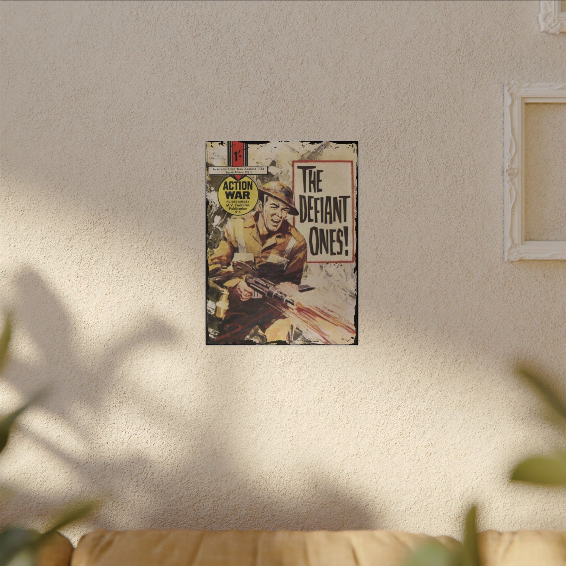 Close-up of the canvas texture highlighting detailed brushstrokes and vibrant color blending on the Action War #6 artwork.