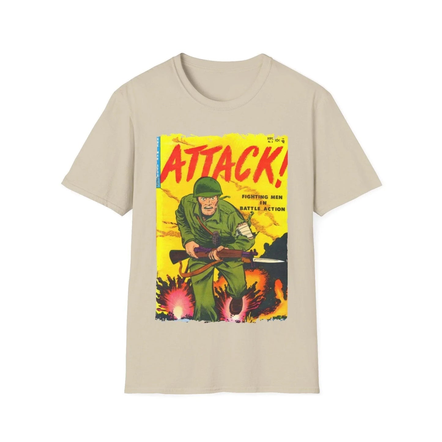 Close-up of the navy blue cotton fabric displaying the smooth texture and stitched neckline of the Attack! Sept 1952 unisex