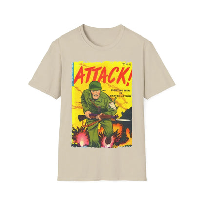 Close-up of the navy blue cotton fabric displaying the smooth texture and stitched neckline of the Attack! Sept 1952 unisex